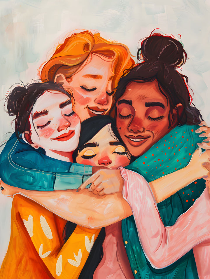 Wadi Home Embrace Of Friendship wall art, diverse women in warm colors sharing a tender embrace, painterly style.