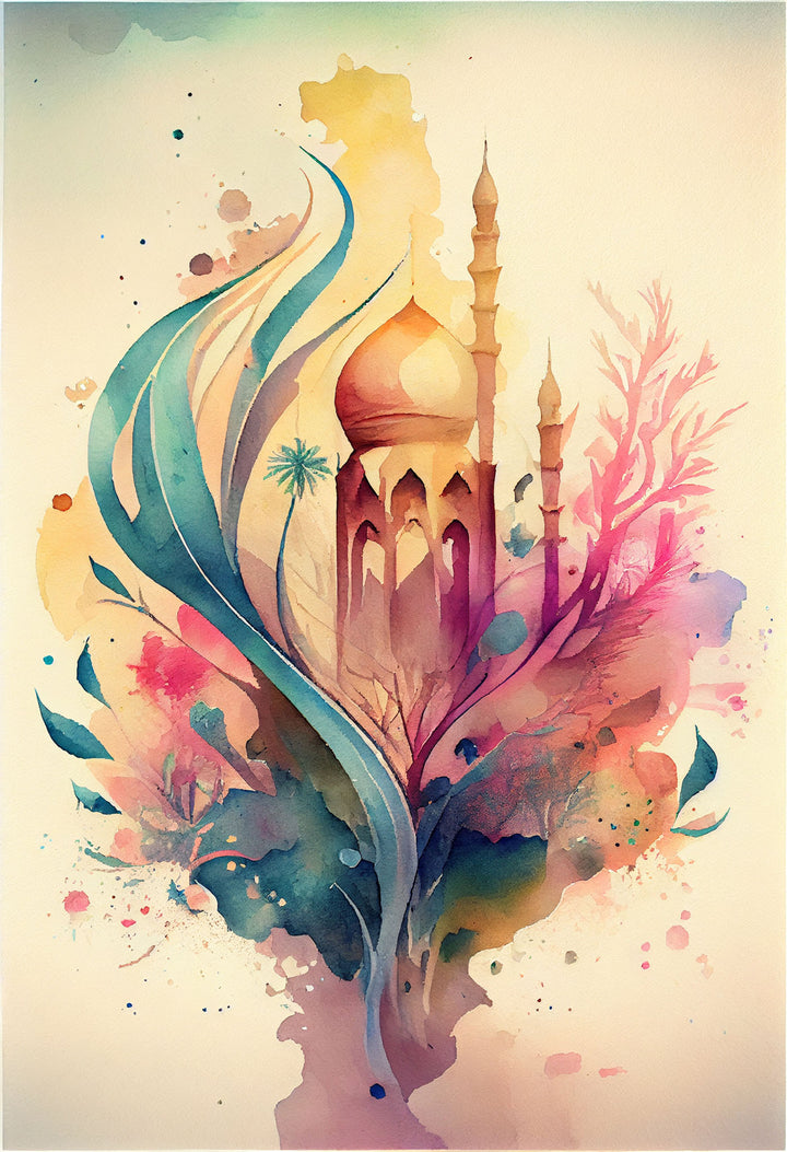 Wadi Home abstract mosque watercolor wall art with vibrant blues, pinks, and yellows. Islamic architecture blended with modern art.