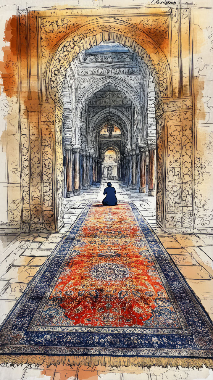 Wadi Home Islamic archway artwork with a lone figure praying on a vibrant, patterned rug. Sketch and watercolor style.