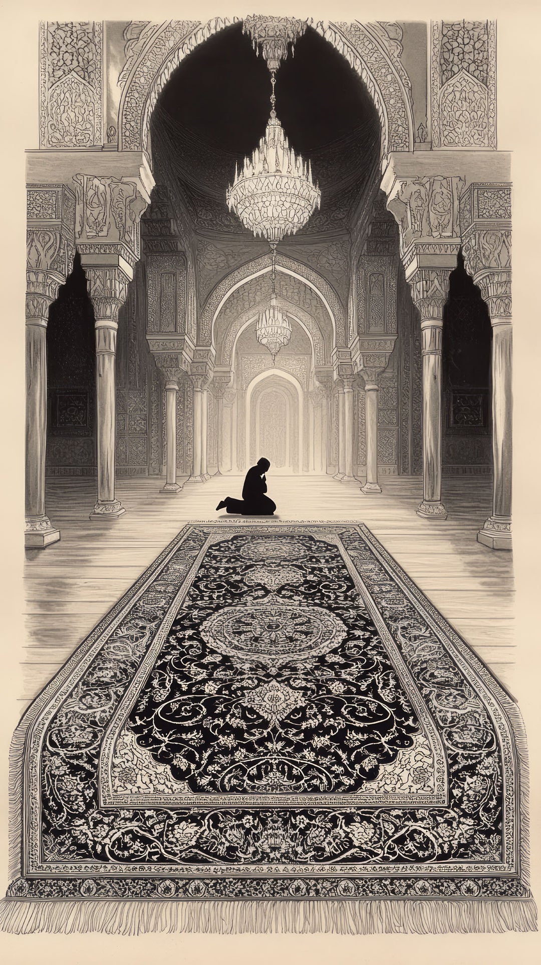 Wadi Home Islamic prayer scene wall art, monochrome illustration of a figure praying on an ornate rug in an arched hall.
