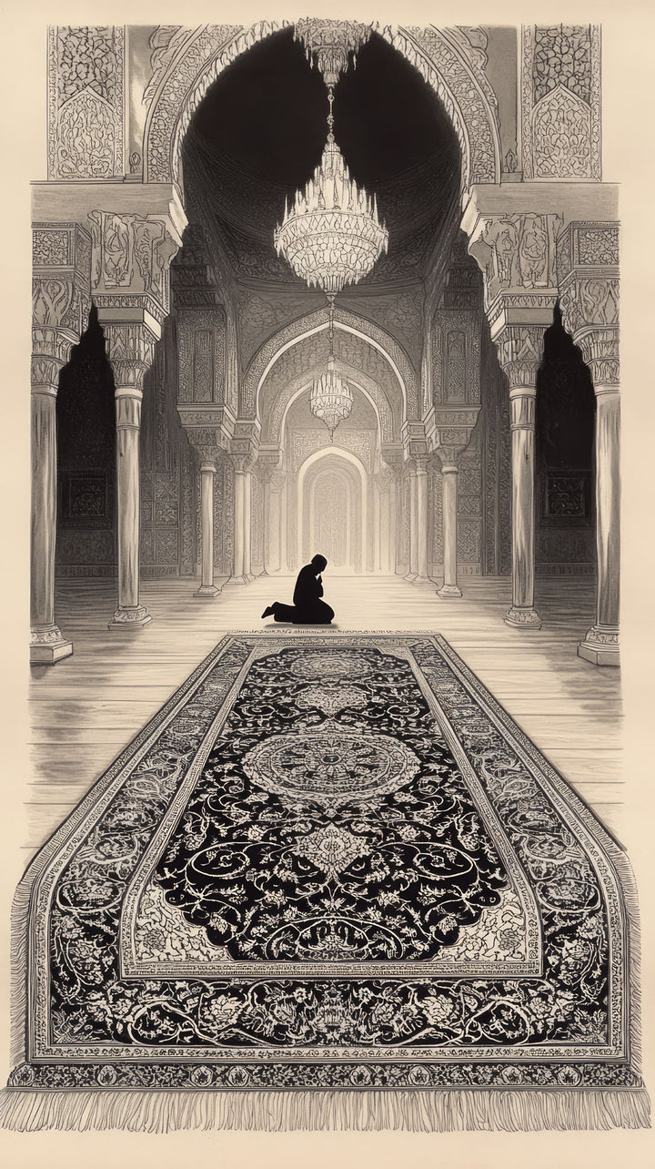 Wadi Home Islamic prayer scene wall art, monochrome illustration of a figure praying on an ornate rug in an arched hall.