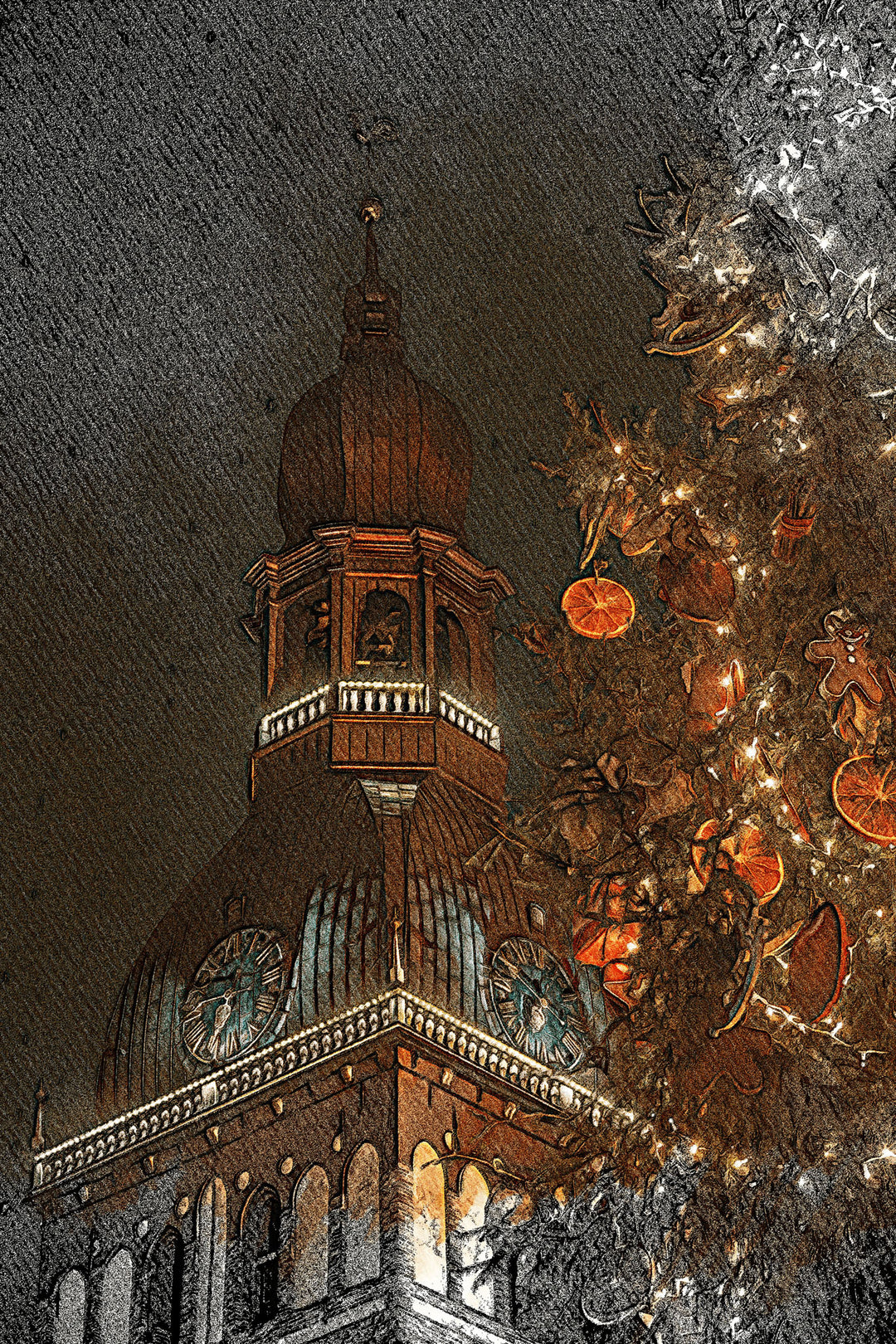 Wadi Home Festive Cathedral Christmas Tree Wall Art, featuring a cathedral dome and decorated Christmas tree with warm lights and orange slices.