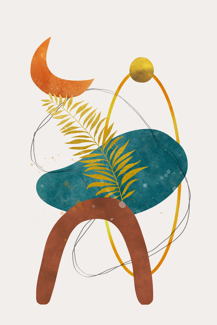 Wadi Home abstract geometric botanical wall art with terracotta arch, teal shape, orange crescent moon, and gold fern frond.