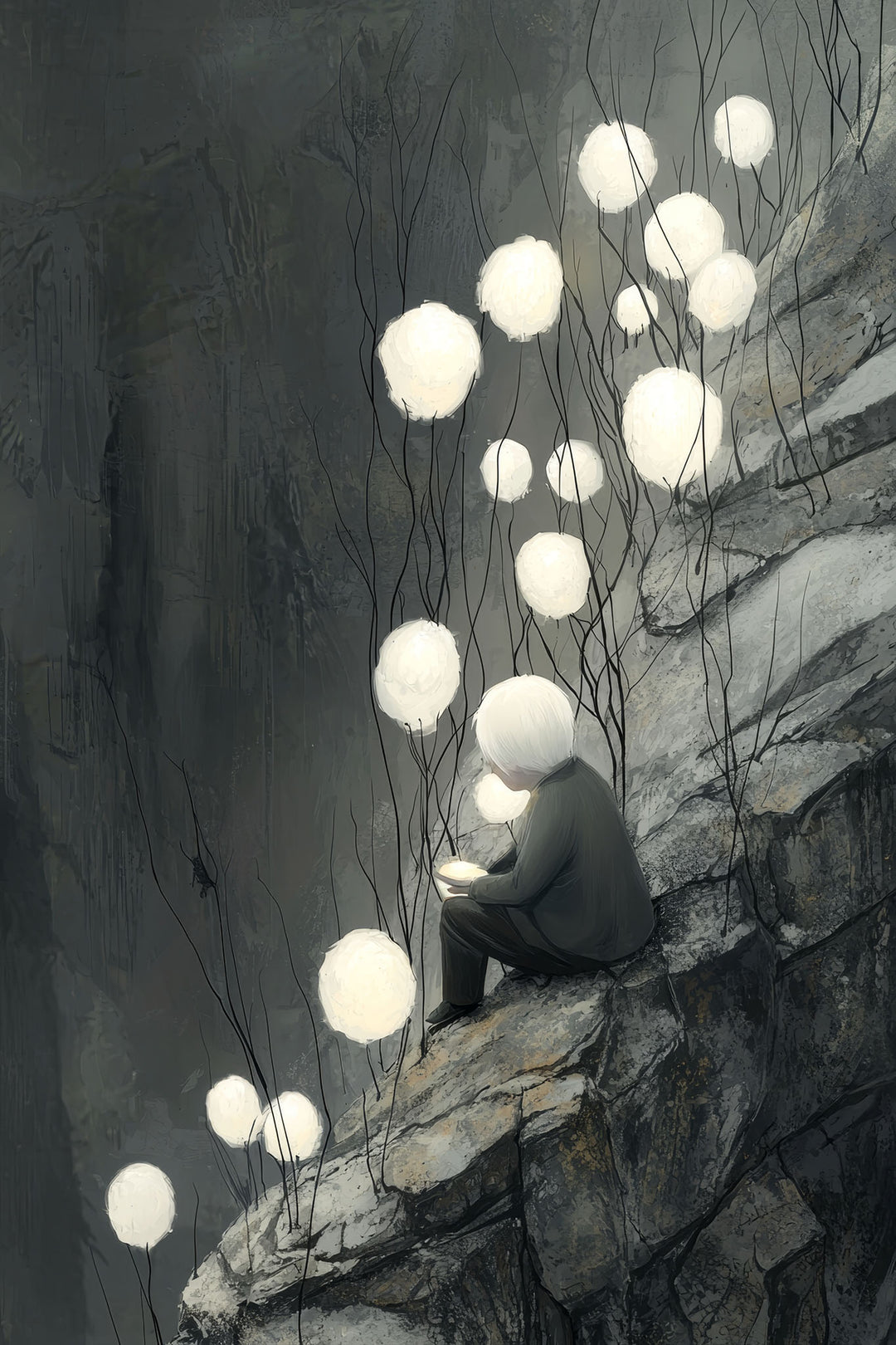 Wadi Home artwork: Solitary figure reading on rocks surrounded by glowing orbs, muted colors, atmospheric.