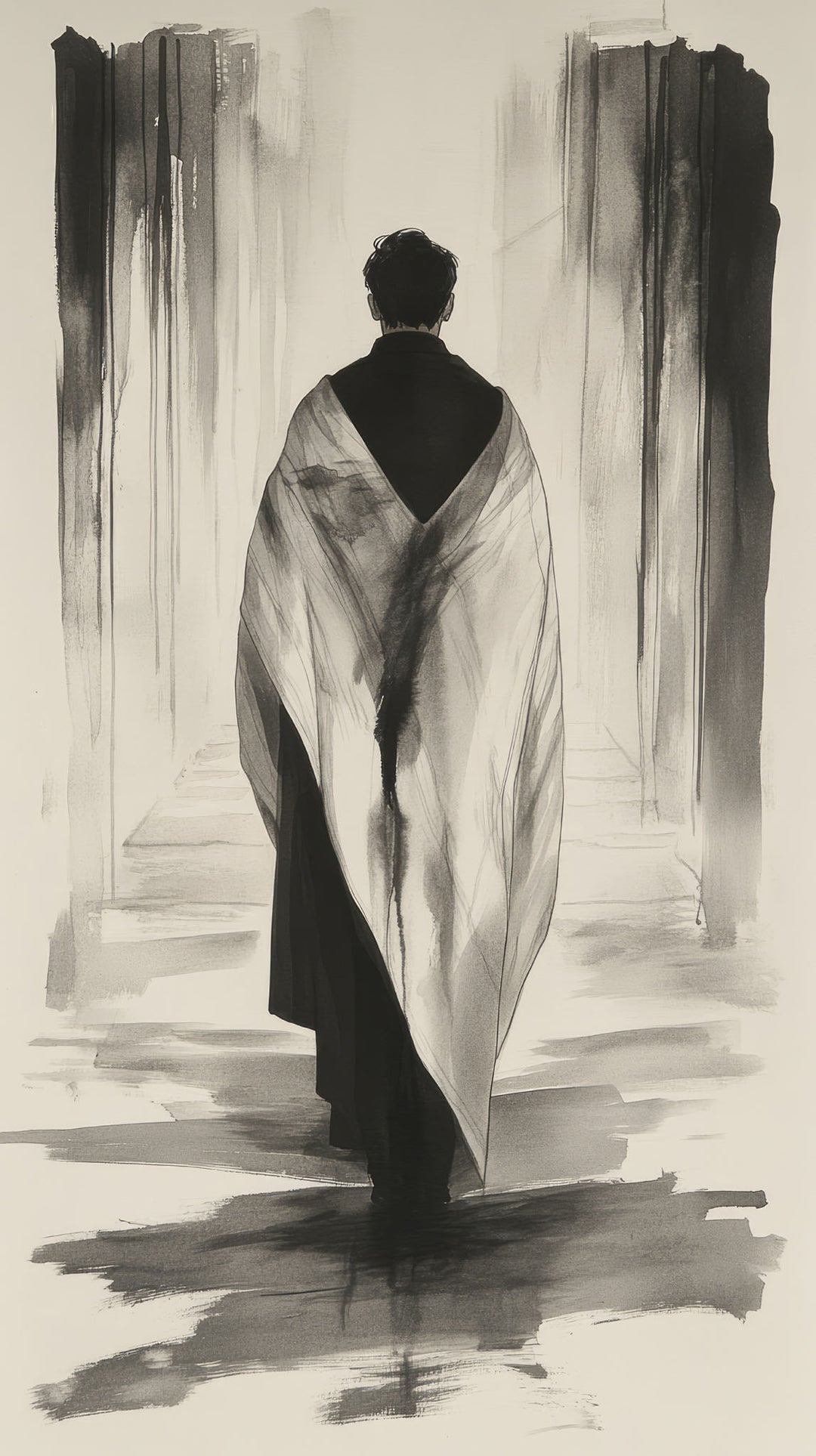 Wadi Home abstract wall art of a figure in a robe walking down a monochromatic hallway, expressive brushstrokes.