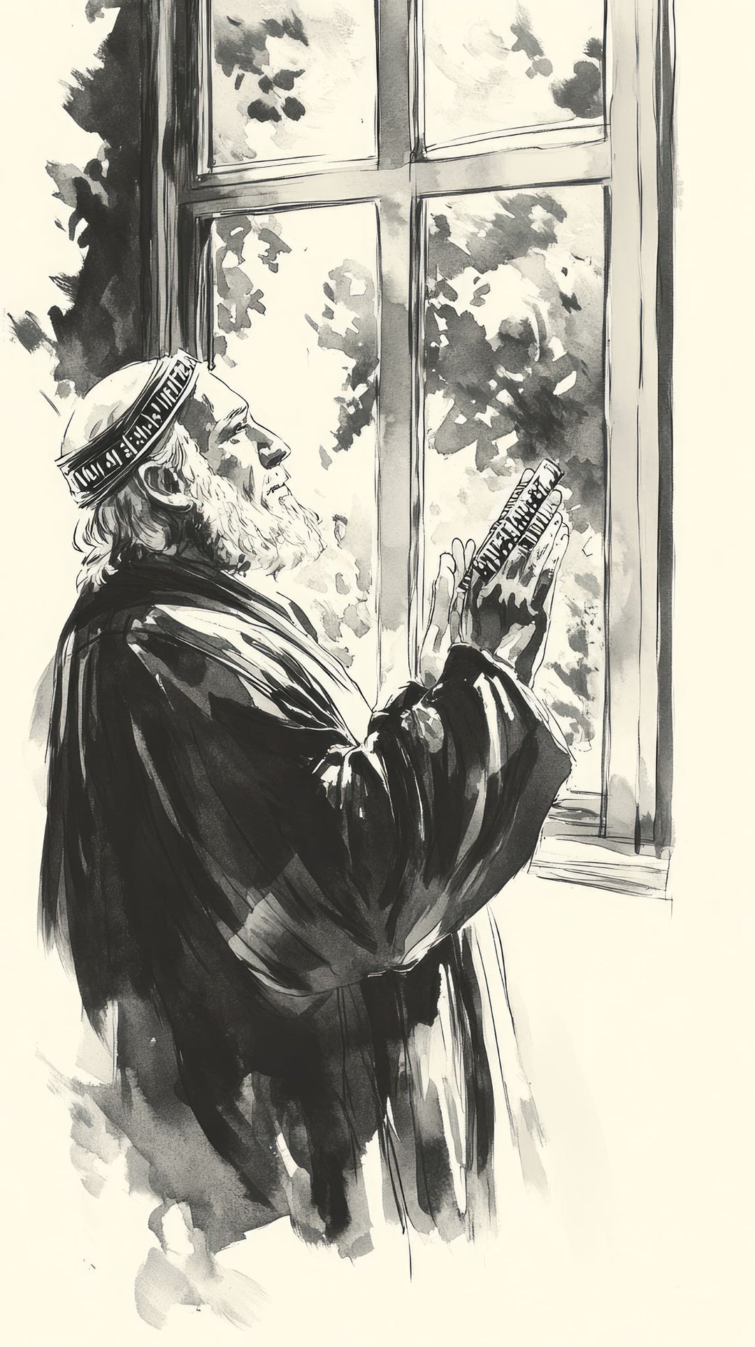 Wadi Home black and white watercolor art print of an elderly man with a beard, wearing a prayer cap, praying by a window. The artwork has a serene and contemplative feel.