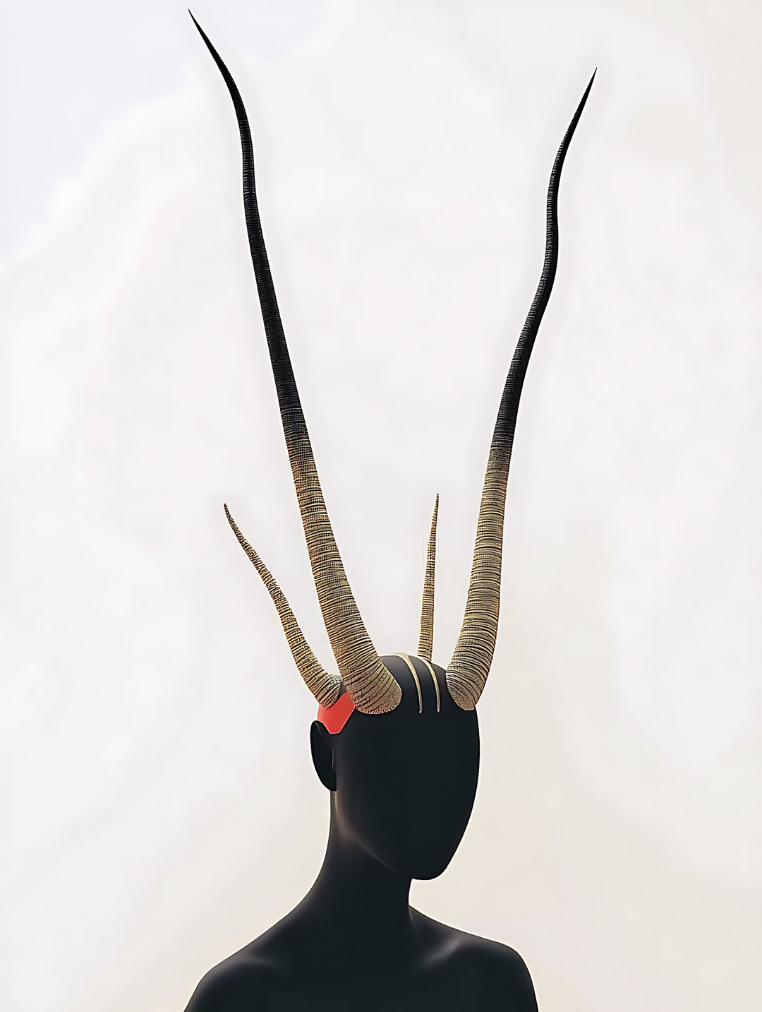 Wadi Home abstract wall art featuring a black silhouette with large, textured, golden antlers and a red accent.
