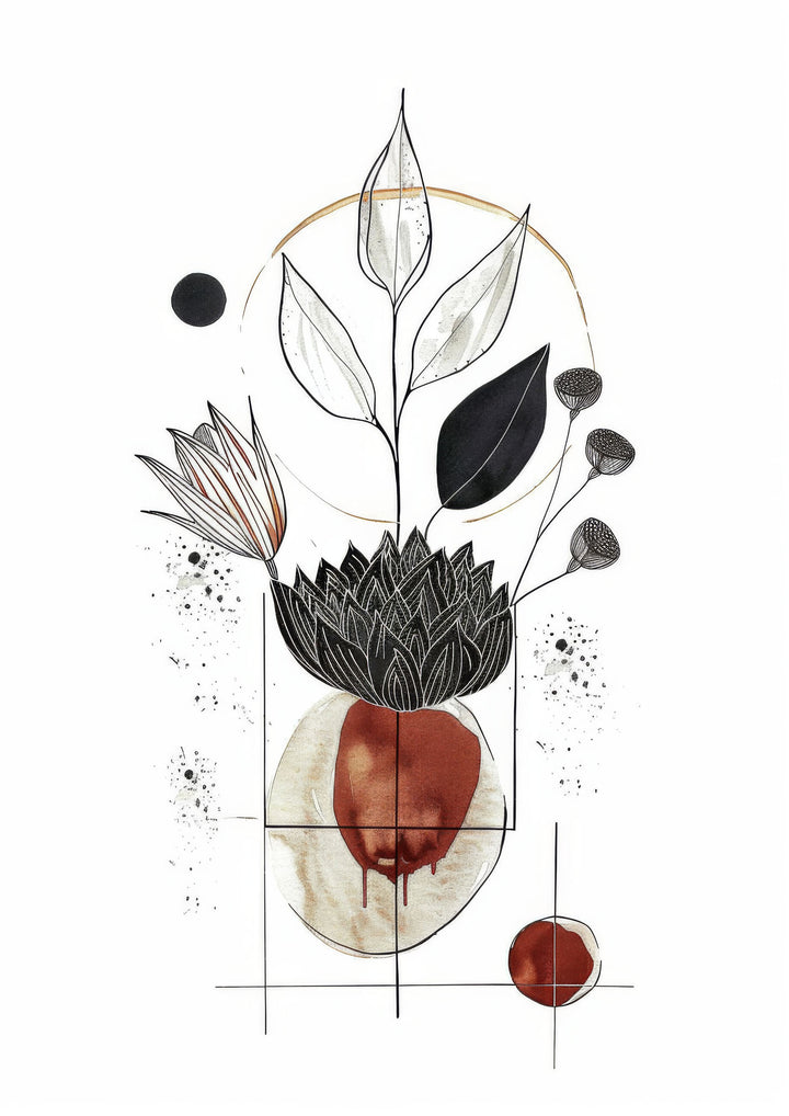 Wadi Home abstract botanical line art featuring black and white leaves, a terracotta shape, and gold accents in a minimalist design.