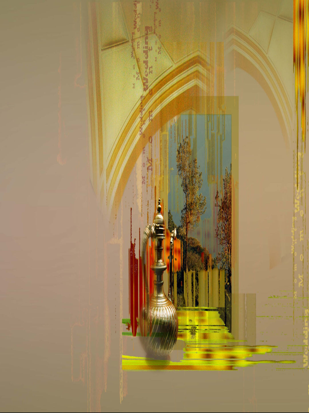 Wadi Home abstract archway art print with golden accents and warm neutral tones, depicting architectural elements and shimmering metallic details.