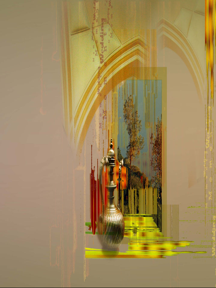 Wadi Home abstract archway art print with golden accents and warm neutral tones, depicting architectural elements and shimmering metallic details.