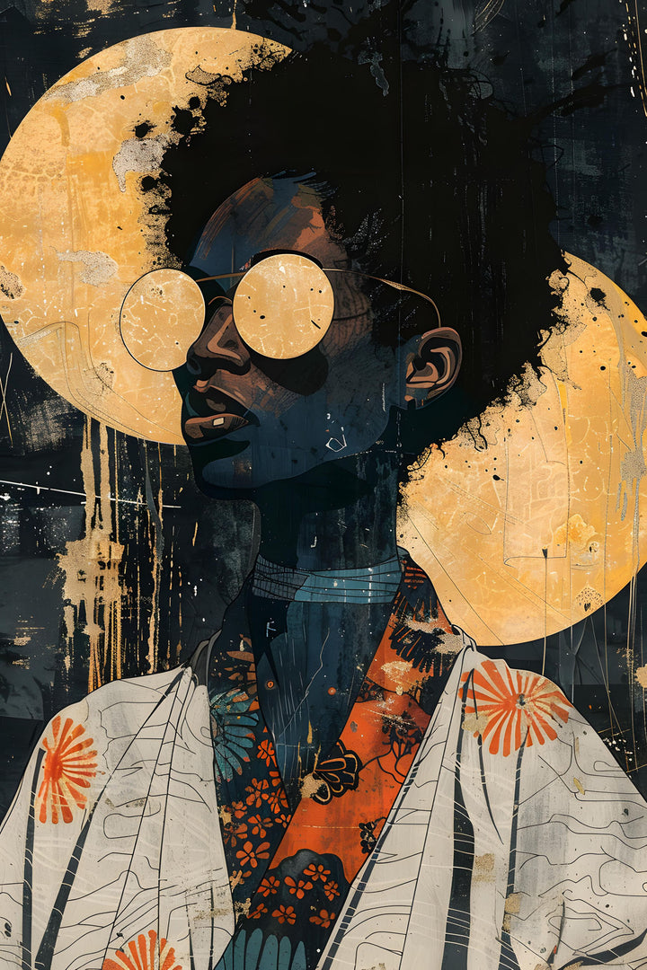 Wadi Home abstract portrait art print featuring a profile with large round sunglasses against a textured golden moon.