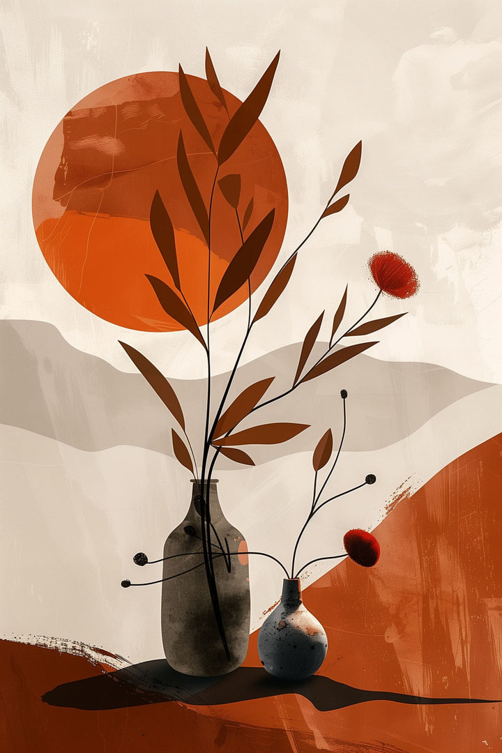 Wadi Home abstract botanical vase wall art in burnt orange, beige, and brown. Features minimalist floral elements and a sun motif.
