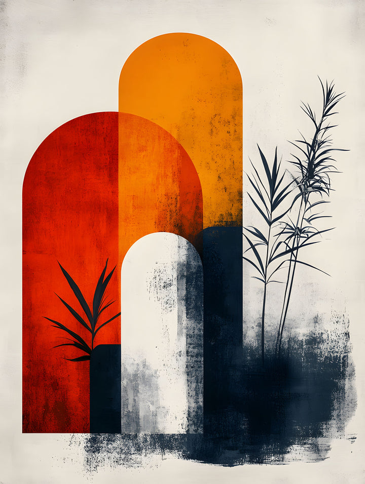 Wadi Home abstract arch botanical wall art with warm oranges, deep reds, navy blues, and plant silhouettes.