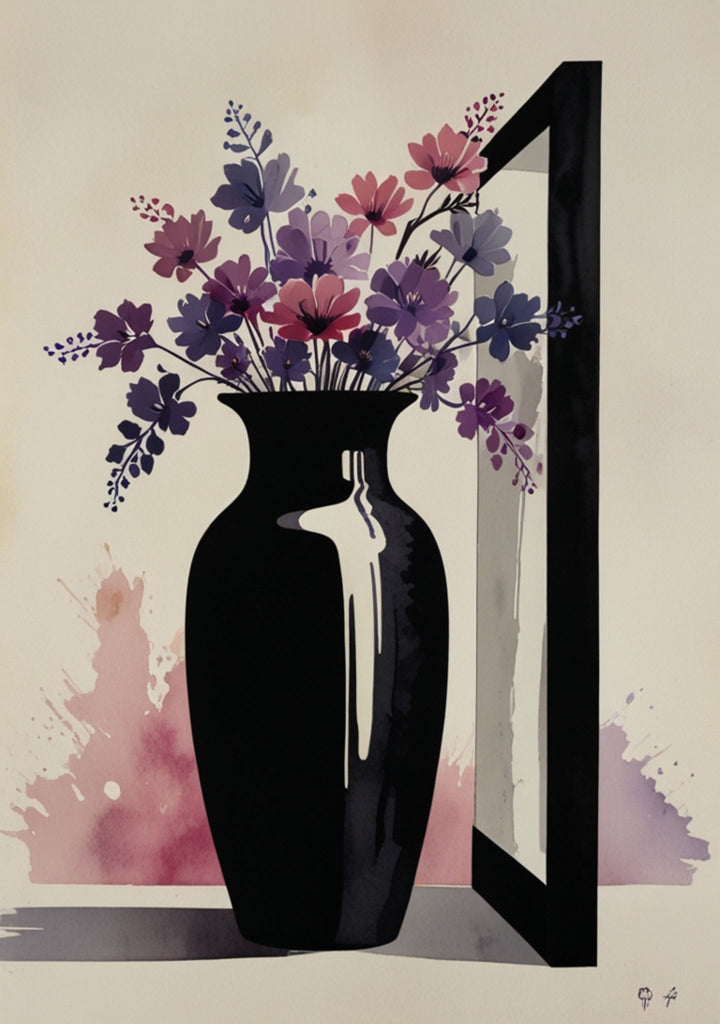 Wadi Home Abstract Floral Vase Wall Art featuring a black vase with purple and pink abstract flowers on a watercolor background.