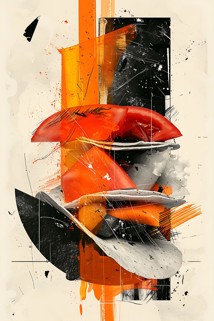 Wadi Home abstract wall art with bold orange, black, and white shapes, layered textures, and sharp lines.