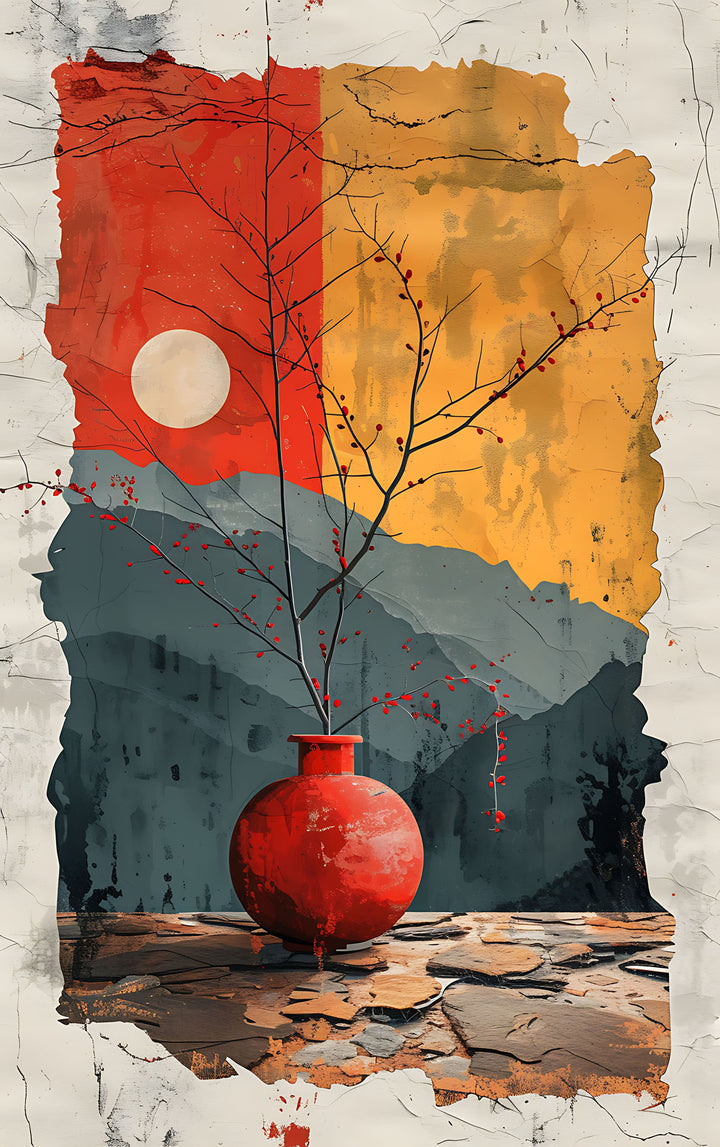 Wadi Home abstract wall art featuring a red vase with a moon and mountains backdrop. Textured, painterly style.