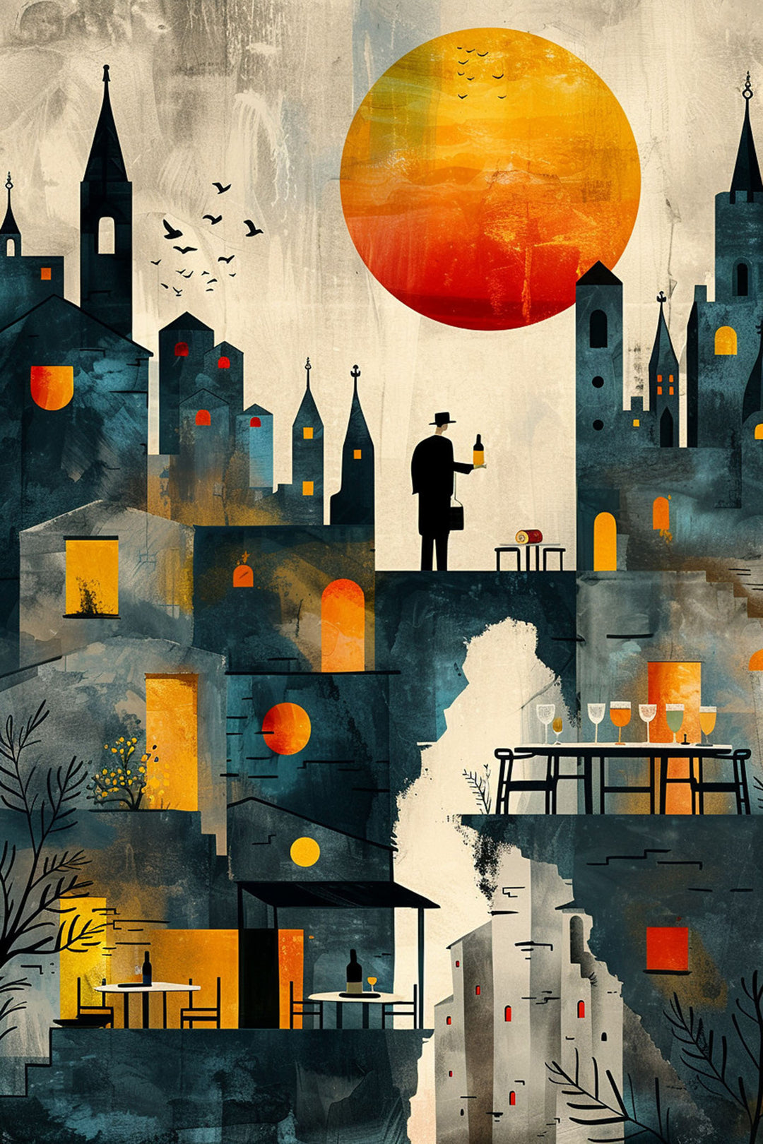 Wadi Home Cityscape With Large Sun Wall Art featuring a stylized city silhouette under a large, vibrant sun with warm yellow and orange hues.