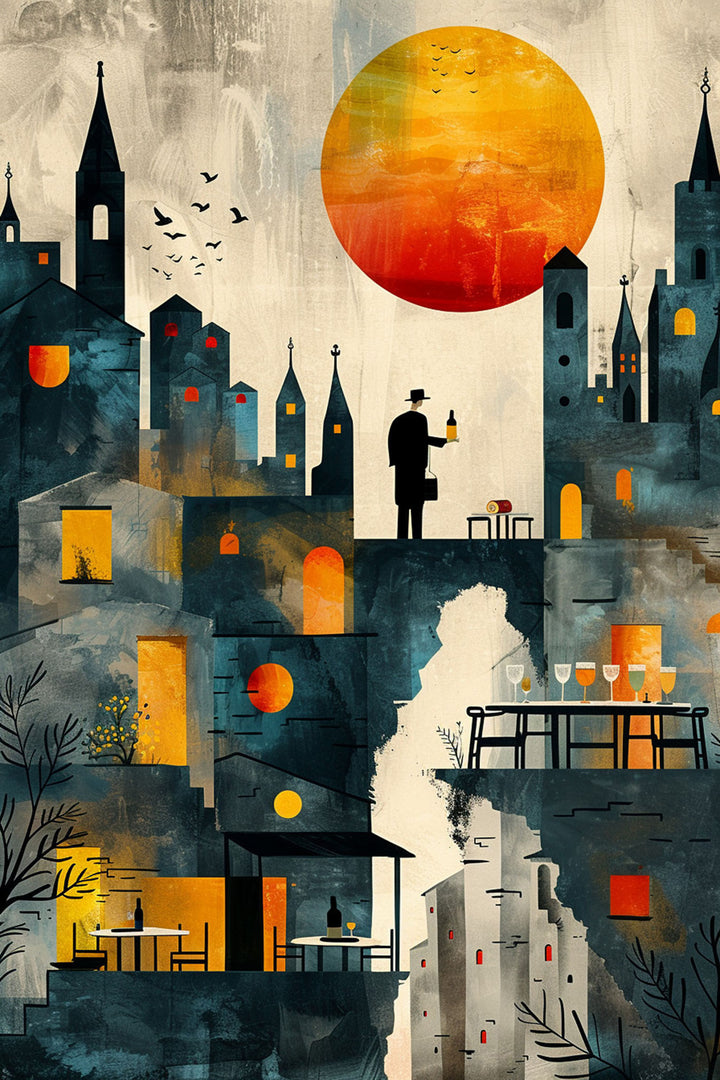 Wadi Home Cityscape With Large Sun Wall Art featuring a stylized city silhouette under a large, vibrant sun with warm yellow and orange hues.