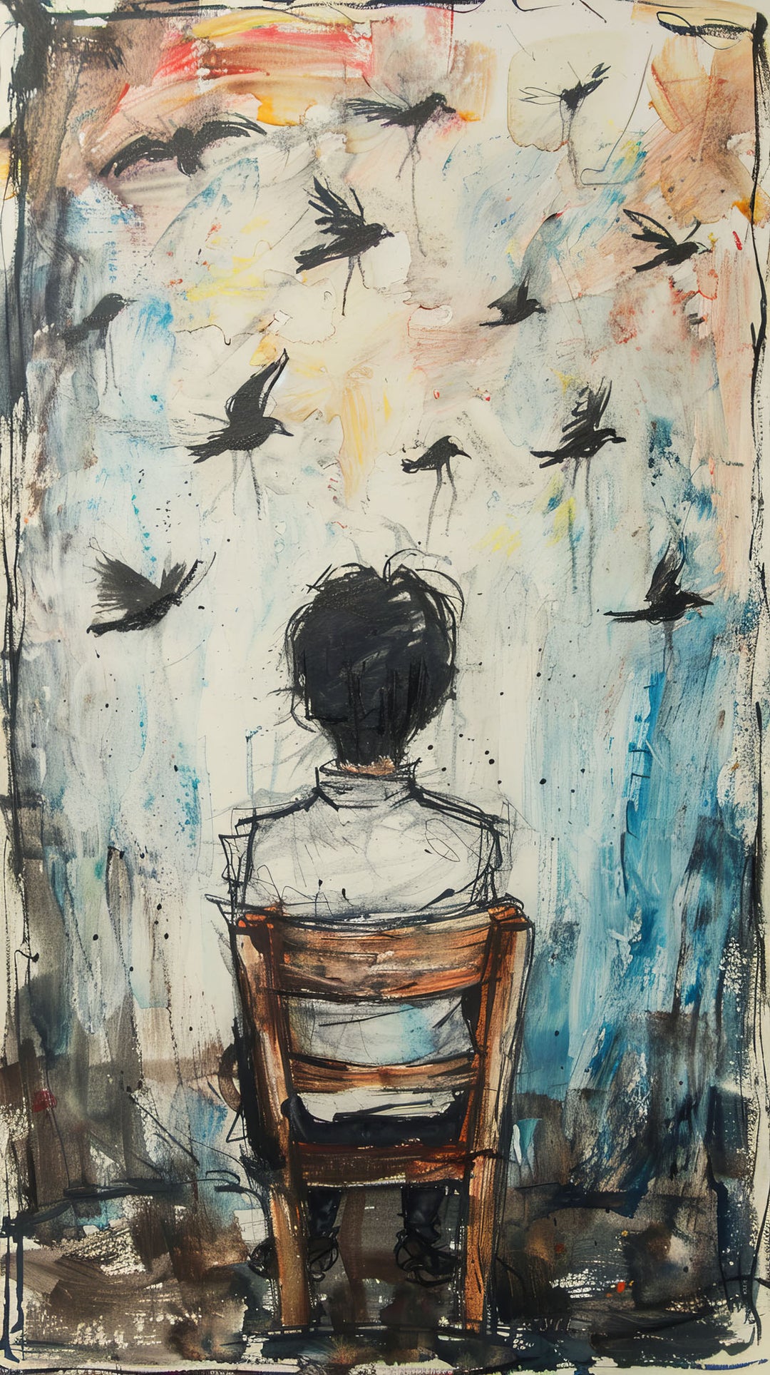 Wadi Home abstract wall art of a boy in a chair watching birds fly. Blues, browns, and mixed media.