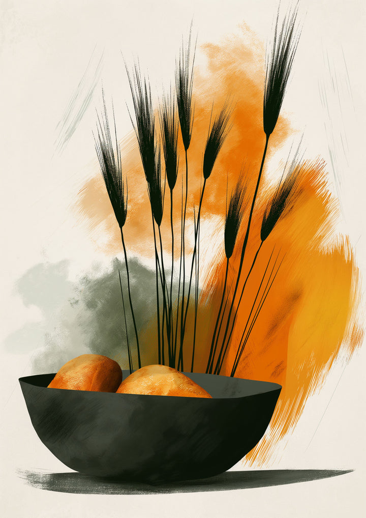 Wadi Home abstract wall art featuring black wheat stalks in a dark bowl with orange and green brushstrokes.