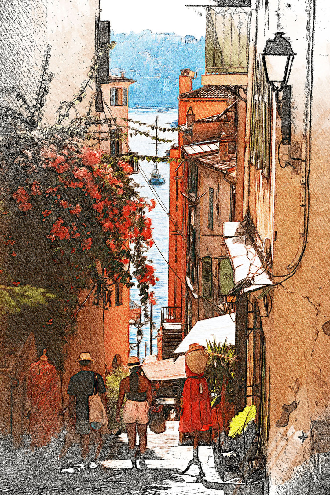 Wadi Home European street scene wall art with watercolor sketch style, featuring a sun-drenched alleyway, red flowers, and quaint storefronts.