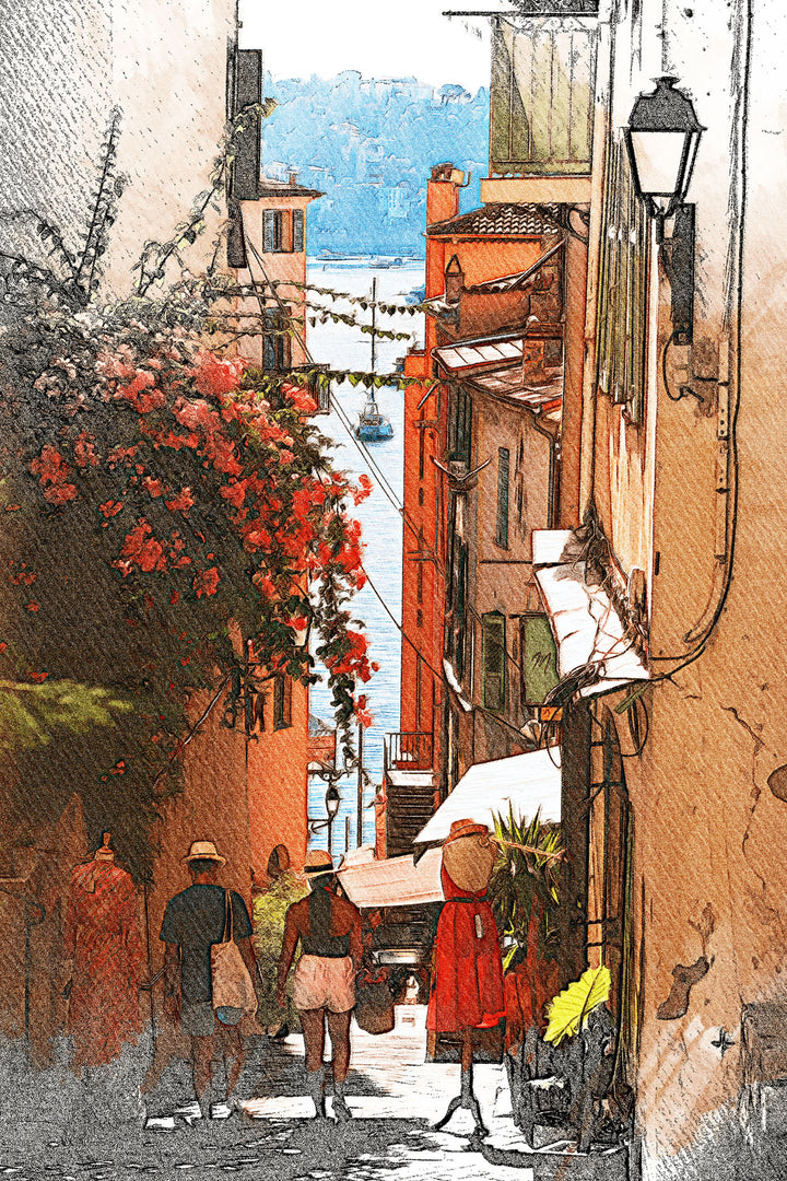 Wadi Home European street scene wall art with watercolor sketch style, featuring a sun-drenched alleyway, red flowers, and quaint storefronts.