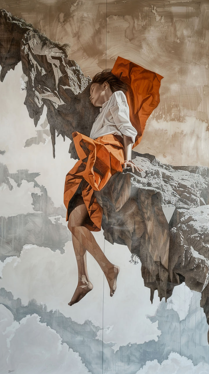 Wadi Home dramatic wall art of a figure in orange attire on a rocky outcrop with clouds.