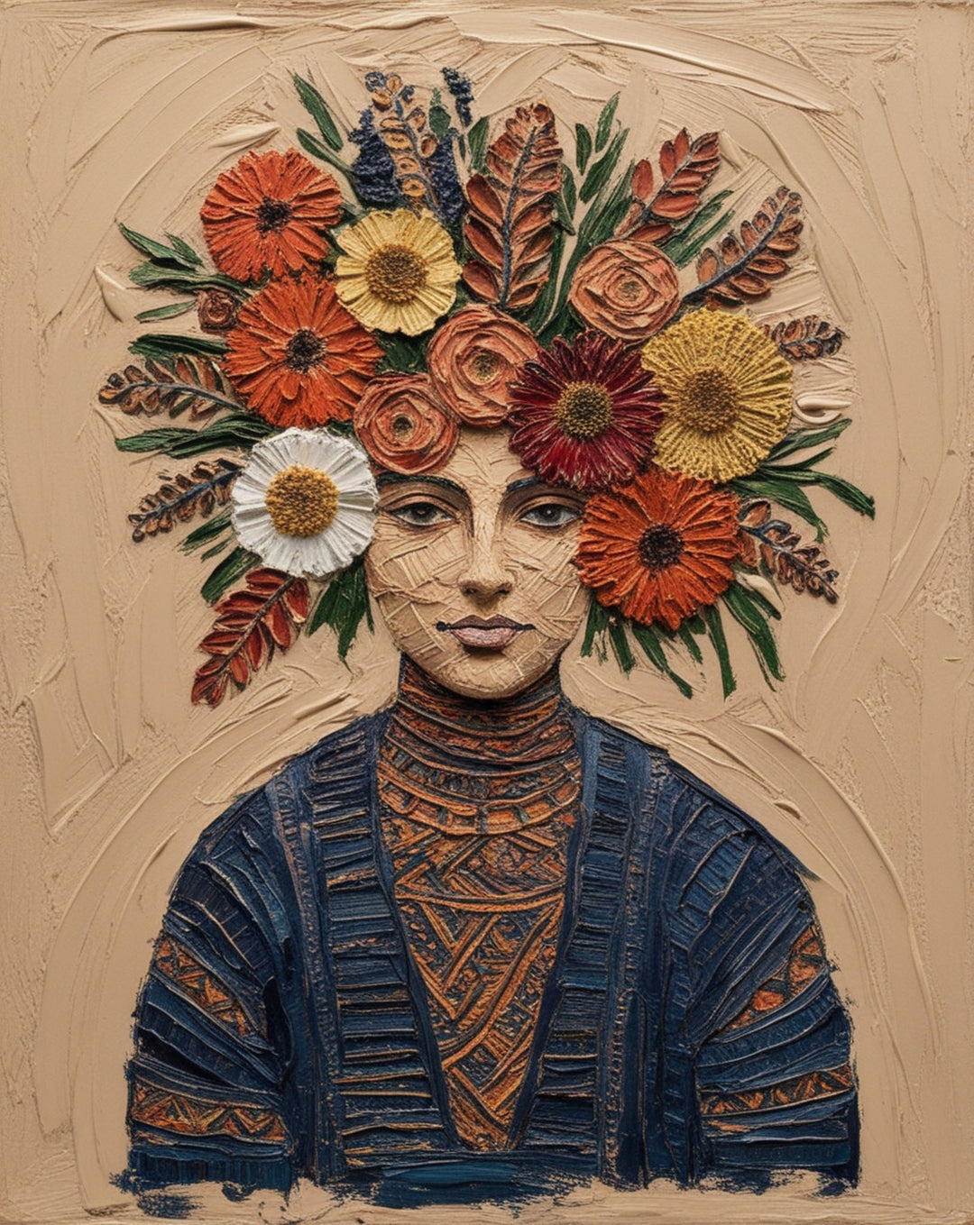 Wadi Home floral crown portrait wall art featuring a woman with a vibrant, textured floral headdress in blues and oranges.