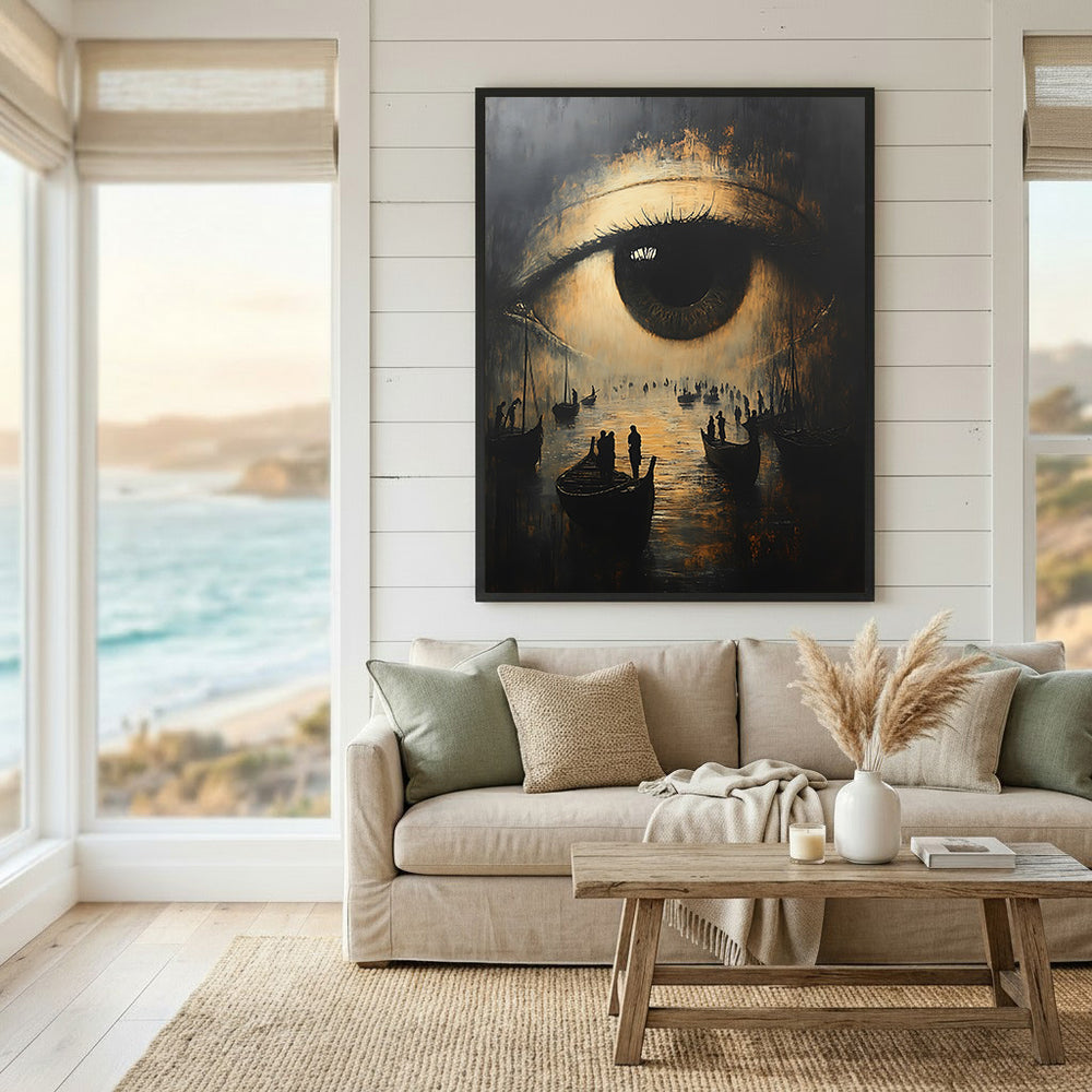Wadi Home surreal wall art featuring a close-up eye reflecting boats and figures on water. Dark, moody palette.