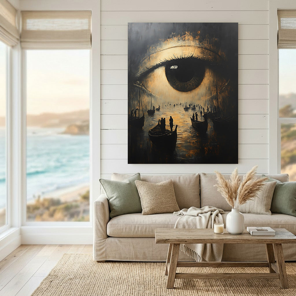 Wadi Home surreal wall art featuring a close-up eye reflecting boats and figures on water. Dark, moody colors.