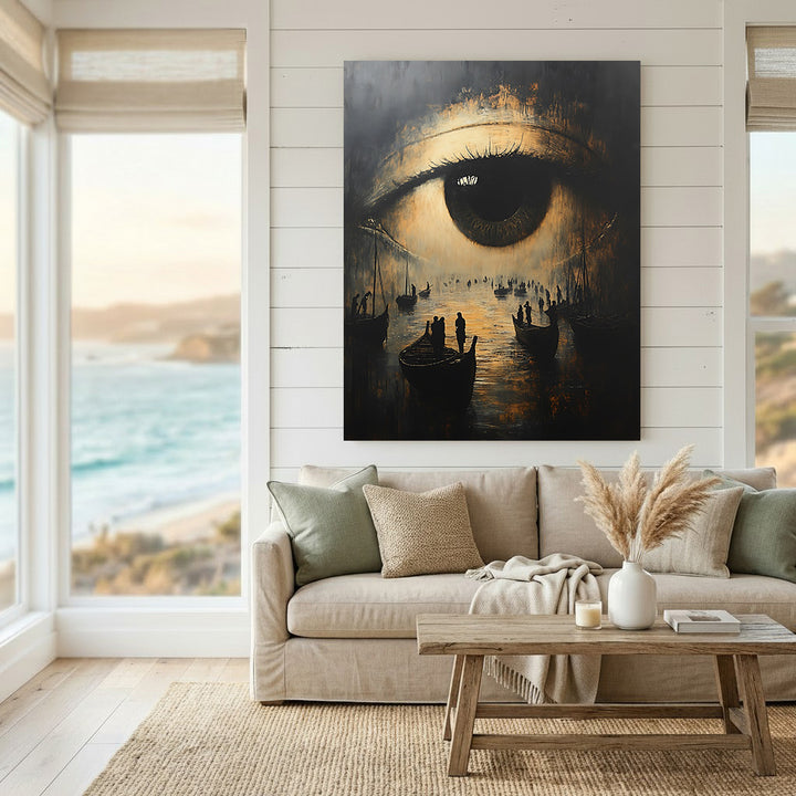Wadi Home surreal wall art featuring a close-up eye reflecting boats and figures on water. Dark, moody colors.