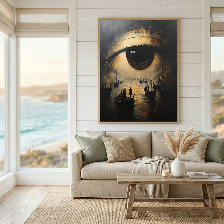 Wadi Home surreal wall art featuring a close-up eye with boats and figures reflected in the pupil. Dark, moody palette.