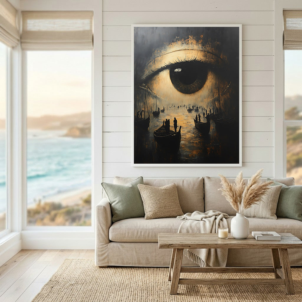 Wadi Home surreal wall art featuring a close-up eye reflecting boats and figures on water in dark, moody tones.