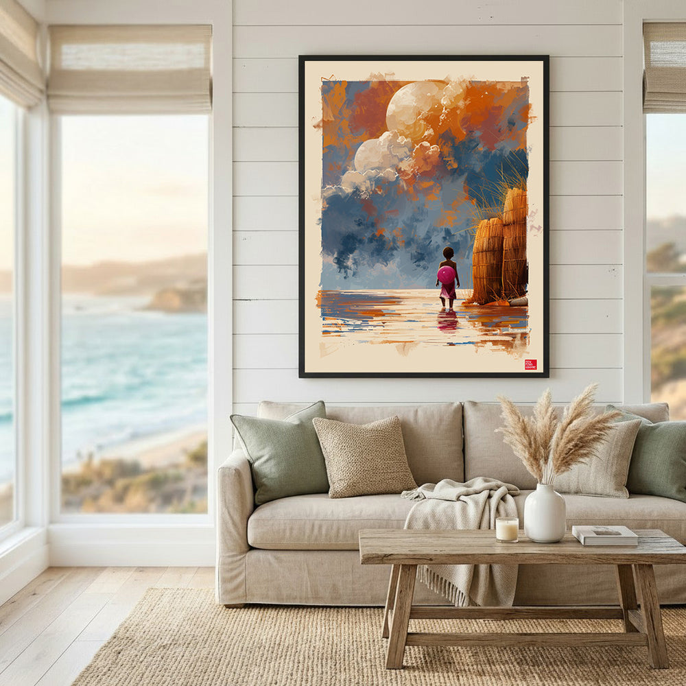 Wadi Home artwork: child with pink backpack gazing at dramatic sky over water, coastal landscape.