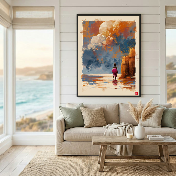 Wadi Home artwork: child with pink backpack gazing at dramatic sky over water, coastal landscape.