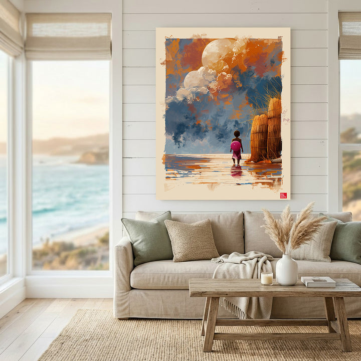 Wadi Home artwork: child with pink backpack gazes at dramatic sky over water, coastal landscape painting.