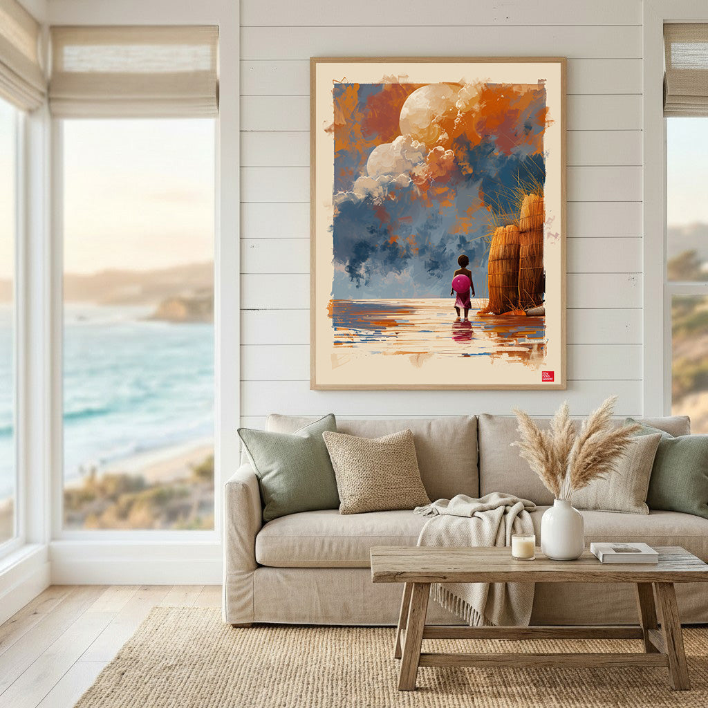 Wadi Home framed artwork of a child with a pink backpack gazing at a dramatic coastal sunset with orange and blue hues.
