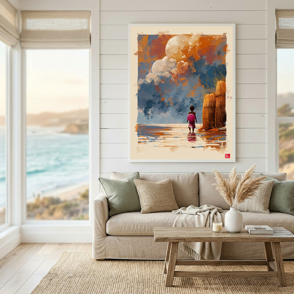 Wadi Home artwork: Child with pink backpack gazes at dramatic sky over water, coastal landscape painting.