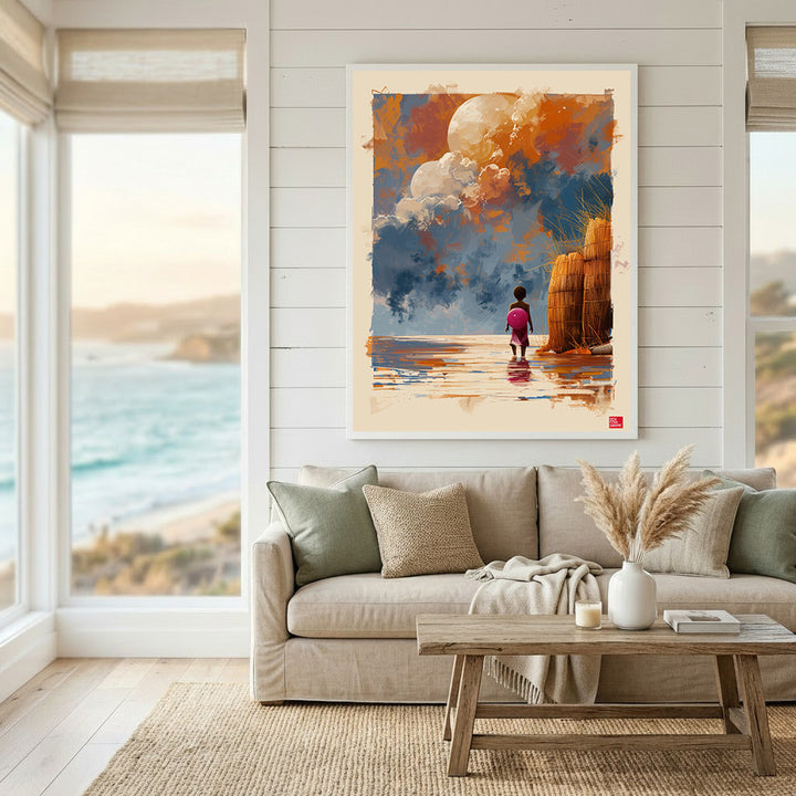 Wadi Home artwork: Child with pink backpack gazes at dramatic sky over water, coastal landscape painting.