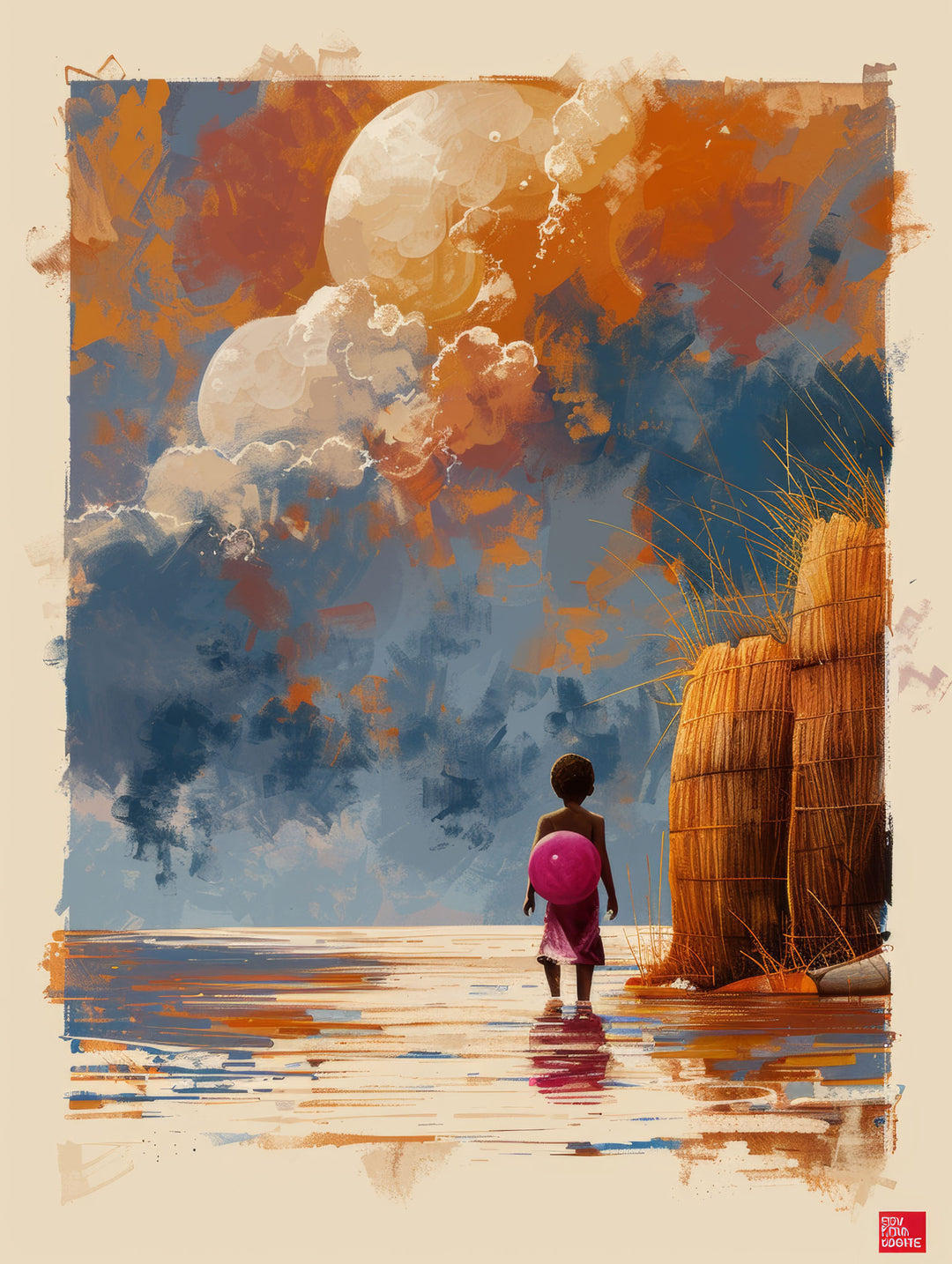 Wadi Home artwork: child with pink backpack gazes at dramatic sky over water, coastal landscape painting.