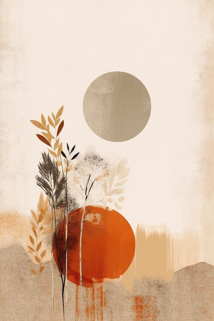 Wadi Home abstract botanical wall art with burnt orange circle and beige sun. Earthy tones, modern sophistication.