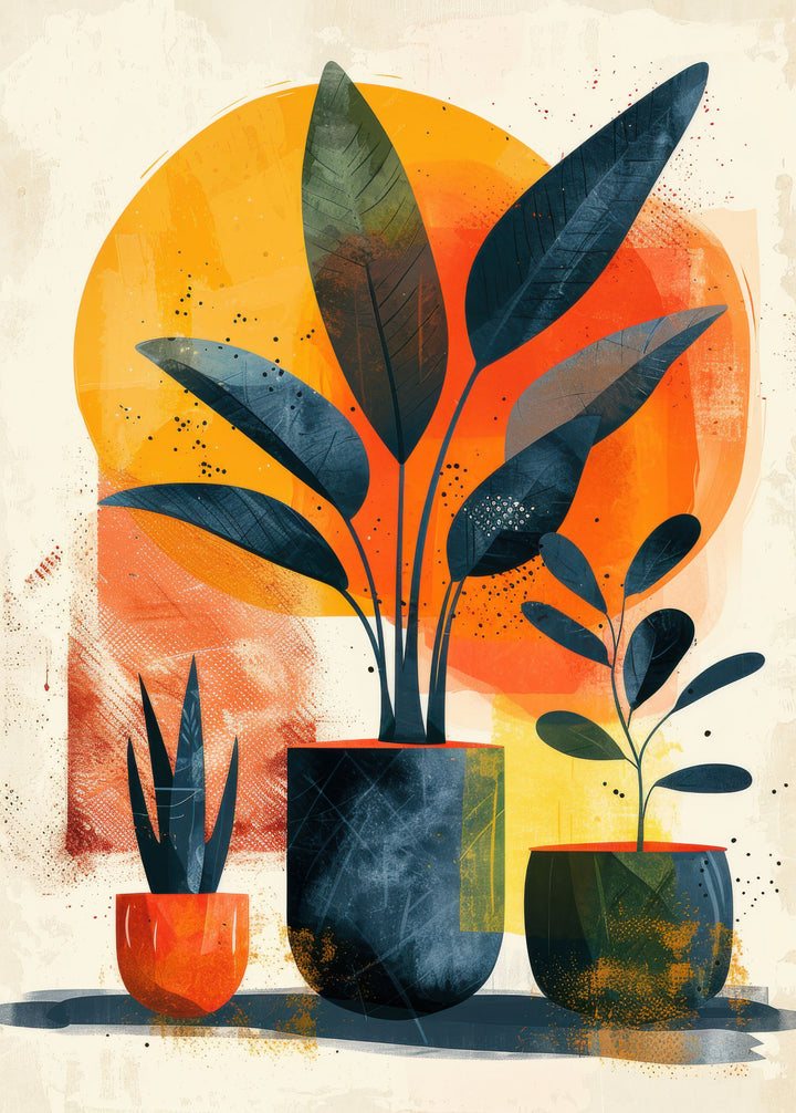 Wadi Home abstract potted plant wall art with orange, blue, and green tones. Features stylized plants in pots against a sun.