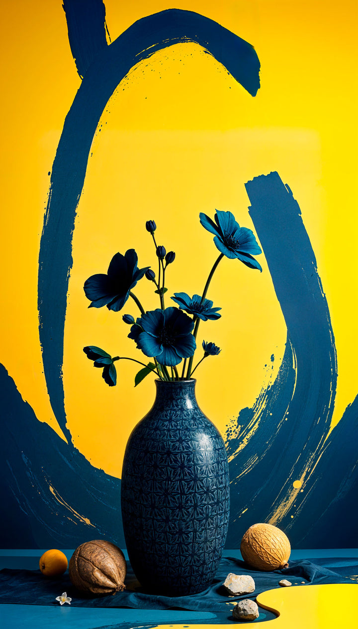 Wadi Home abstract floral vase wall art with blue flowers on yellow and blue background.