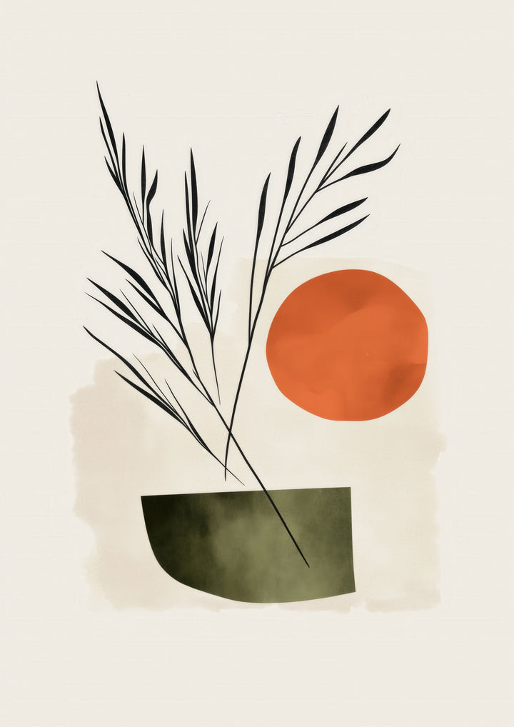 Wadi Home abstract botanical sun wall art with terracotta sun, muted green vase, and minimalist design.