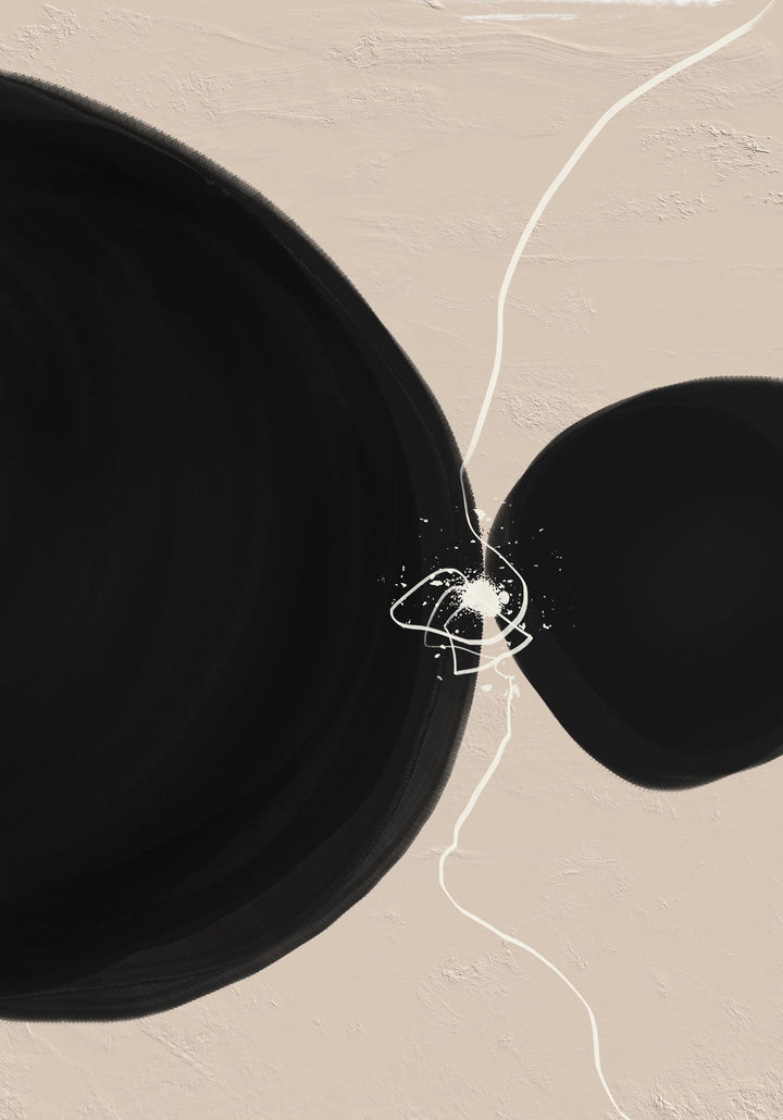 Wadi Home abstract wall art with black circles and white lines on beige background, modern minimalist design.