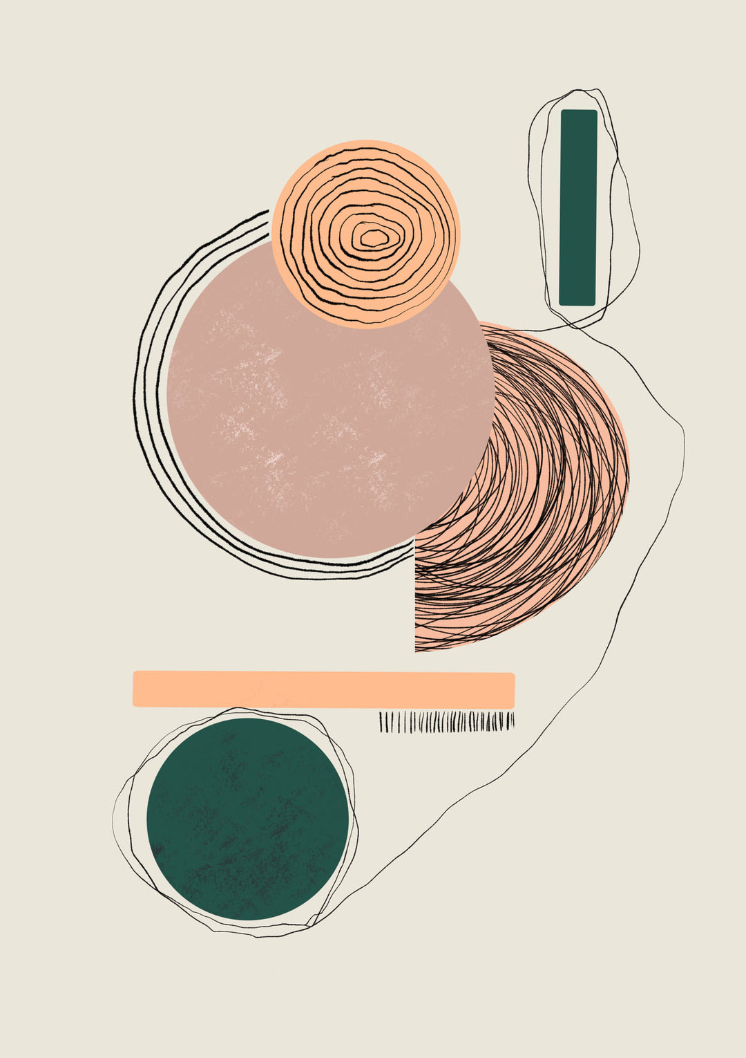 Wadi Home abstract geometric wall art with blush pink, forest green, and earth tones. Features circles and lines.