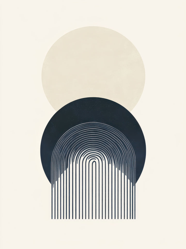 Wadi Home abstract geometric arch wall art in cream and navy, minimalist design with circular element.