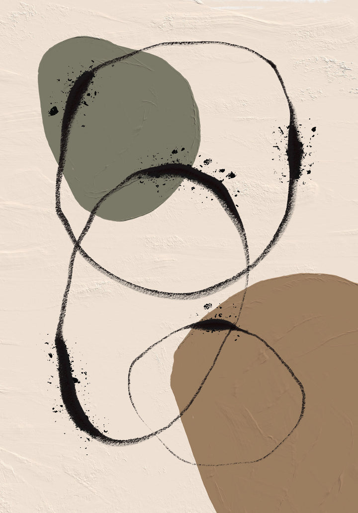 Wadi Home abstract organic shapes wall art with green, brown, and black on a textured cream background.