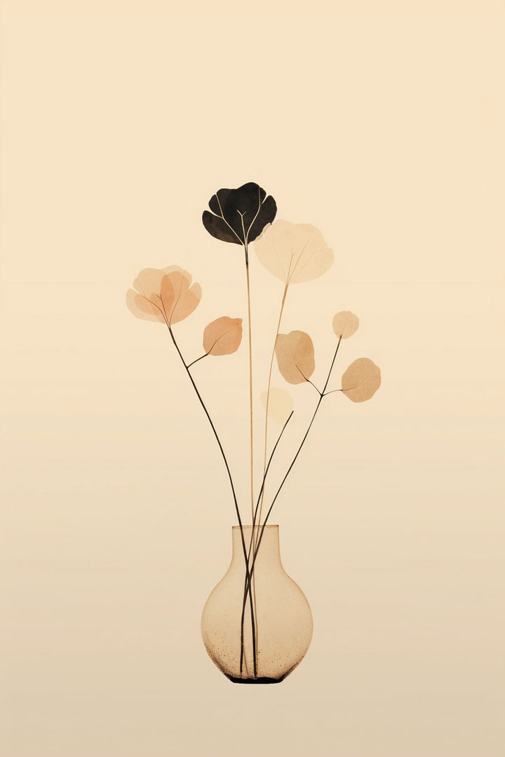 Wadi Home minimalist floral artwork with delicate translucent petals in warm tones and a single black bloom in a simple vase.