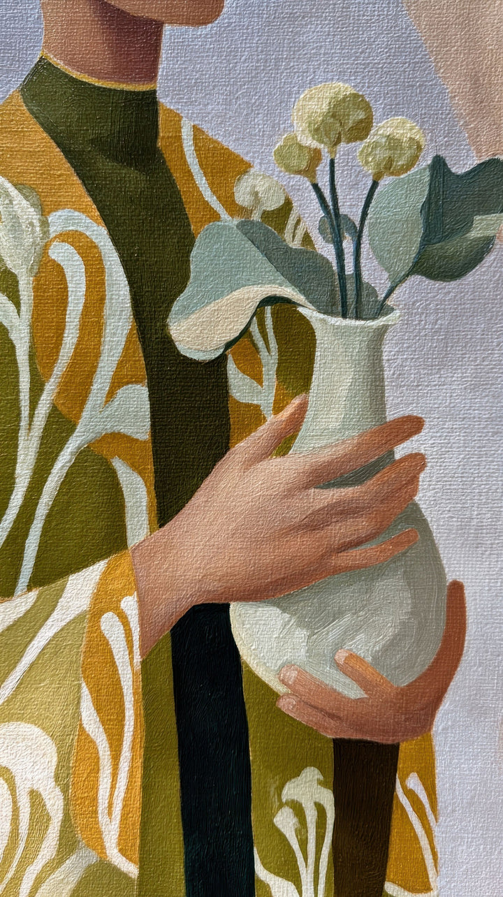 Wadi Home abstract floral vase wall art with figure holding vase in green, yellow, and neutral tones.